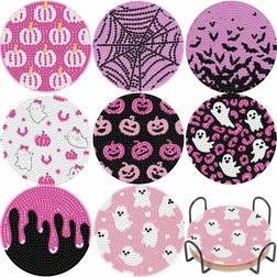 Shein 8pcs Pink Halloween Themed Diamond Painting Coasters With Holders