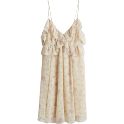 H&M Frill-Trimmed Strappy Dress - Light Beige/Floral