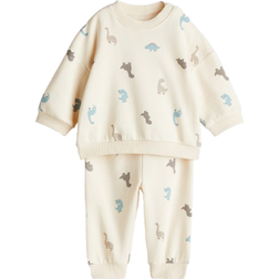 H&M Printed Brushed Inside Sweatshirt Set 2-piece - Light Beige/Dinosaurs (1292690010)