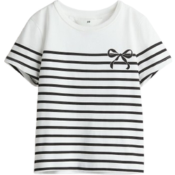 H&M T-shirt Med Trykt Motiv - Hvid/Sortstribet