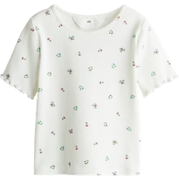 H&M Ribbed Cotton Top - White/Floral (1295496002)
