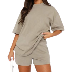 Shein 2pc Women Print Round Neck Short Sleeve Casual Loose T-Shirt And Shorts Set - Khaki
