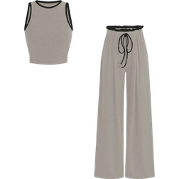 Shein Flirla 2pcs/Set Contrast Color Trim Round Neck Tank Top + Knotted Long Pants Casual Outfit - Khaki