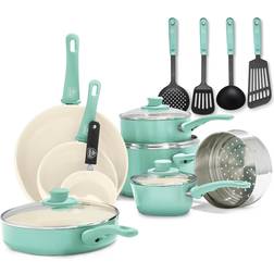GreenLife Soft Grip Turquoise Cookware Set with lid 16 Parts