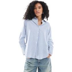 New Look Plus Size Blue Striped Long Sleeve Oxford Shirt - Blue