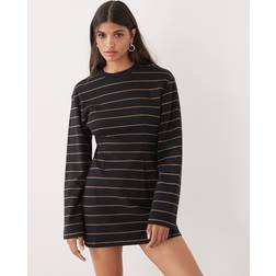 Monki Cinched Waist Long Sleeve Mini T-Shirt Dress - Black Stripe
