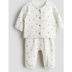 H&M 2-Delt Quiltet Jersey Sæt - Hvid/Blomstret