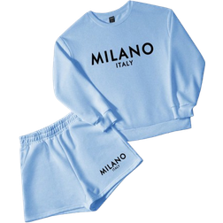 Shein Slaydiva Milano Casual Letter Print Round Neck Long Sleeve Loose Cropped Sweatshirt & Shorts 2 Pieces Set - Blue