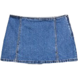 Stradivarius Mini Skort With Slits - Medium Light Blue Denim