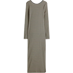 H&M Dame Ribbet Kjole Med Dyb Udringning - Sort/Beige