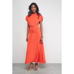 Warehouse Chiffon Grown On Sleeve Drop Waist Midi Dress - Orange