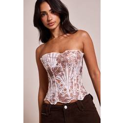 PrettyLittleThing Textured Sheer Floral Lace Corset - Chocolate