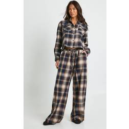 boohoo Check Print Drawstring Waist Wide Leg Trousers - Brown