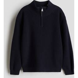 H&M Pojke Stickad Bomull Tröja Med Dragkedja - Marinblå