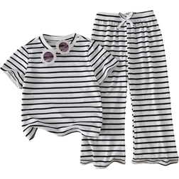 Shein Young Girl Casual Textured Stripe T-shirt Flared Pants Set - Summer