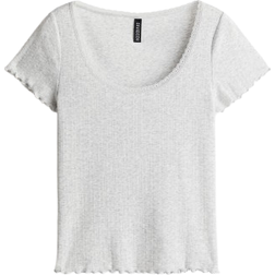 H&M Lace-Trimmed Pointelle T-shirt - Light Grey Marl
