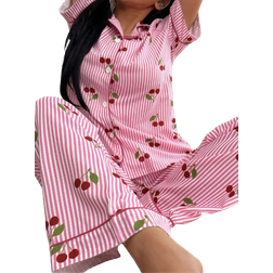 Shein Dream Adore Cherry Striped Printed Lapel Short Sleeve Pajama Set For Women - Pink