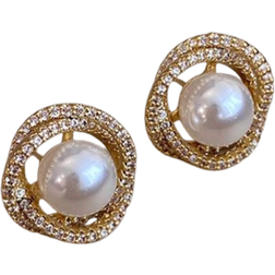 Shein 1pair Simple And Classic Retro Style Hollowed-Out Metal Inlaid Diamond & Pearl Stud Earrings For Women, Suitable For Daily Wear