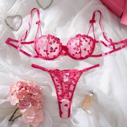 Shein Women 2pcs Sexy Bow Embroidered Lingerie Set