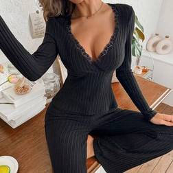 Shein Sexy Solid Color Lace Collar Long Sleeve Ribbed Knit Set