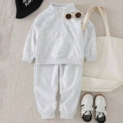 Shein Young Boy Toddler Collar Half Zip Pocket Sweatshirt Set - Gray
