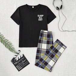 Shein Teenage Boys Casual Gentleman Plaid Pants Short Sleeve - Solid Color