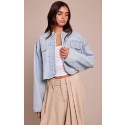 PrettyLittleThing Curved Hem Cropped Denim Jacket - Light Blue