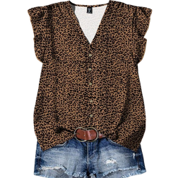 Shein EMERY ROSE Plus Size Women's Daily Casual Vacation Pink V-Neck Small Flying Sleeves Vacation Style Leopard Pattern Loose Shirt - Brown