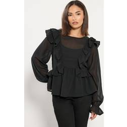 PixieGirl Petite Frill Shoulder Chiffon Blouse - Black