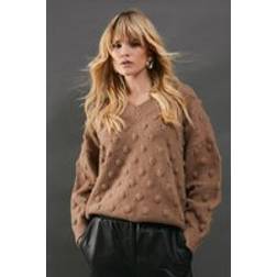Warehouse Bubble Knit Slouchy V Neck Jumper - Beige