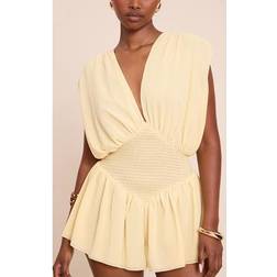 PrettyLittleThing Chiffon V Neck Shirred Waist Frill Playsuit - Lemon