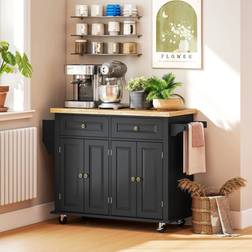 Homcom Rolling Kitchen Island Cart With Rubber Wood Top - Black