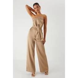 Misspap Satin Bow Wide Leg Bandeau Jumpsuit - Bronze
