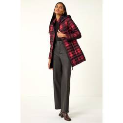 Roman Check Print Quilted Puffer Coat - Burgundy
