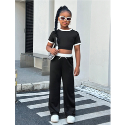 Shein Tween Girl Knit Contrast Trim Round Neck Short Sleeve Sports Set