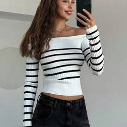 New Autumn Winter Off Shoulder Striped Fitted Knit Top - Black/White