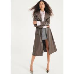 River Island Faux Leather Belted Trench Coat - Brown
