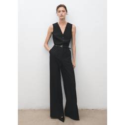 Mango Pinstripe Jumpsuit With Belt - Dark Navy