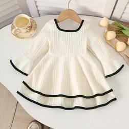 Shein Baby Girls Cute Square Neck Jacquard Flared Long Sleeve Waisted Dress - Autumn Winter