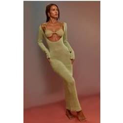 PrettyLittleThing Knit Deep Plunge Maxi Beach Dress - Sage Green