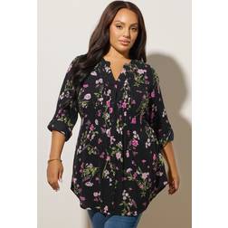 Yours Floral Print Pintuck Blouse - Black