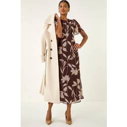 Roman Floral Print Flutter Sleeve Midi Dress - Chocolate