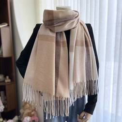 Shein Thick Khaki Faux Cashmere Plaid Warm Tassel - Khaki