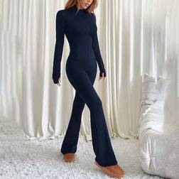 Shein Women Casual Long Sleeve Top Flared Pants Set - Navy Blue