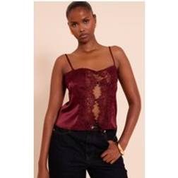 PrettyLittleThing Satin Lace Panel Strappy Cami Top - Red