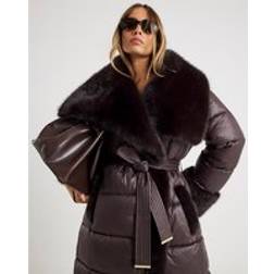 River Island Faux Fur Collar Belted Padded Coat - Brown