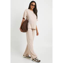 boohoo Womens Maternity T-Shirt Wide Leg Trouser Beige