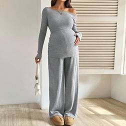 Shein 2pcs Solid Color Asymmetric Neck Maternity Set