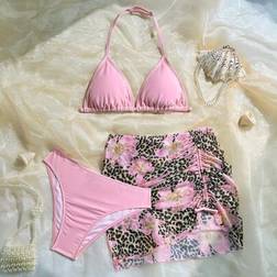 Shein Teen Girl Solid Color Bikini Set With Leopard Floral Cover Up - Mini