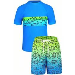 Shein Tween Boys Swimwear Set Short Sleeve Rashguard Top Paired - Multicolor